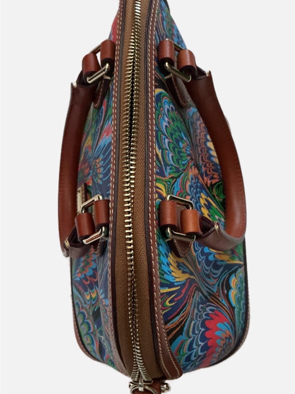 Dooney & Bourke Multicolor Peacock-Print Satchel with Brown Leather Trim - Picture 4 of 8